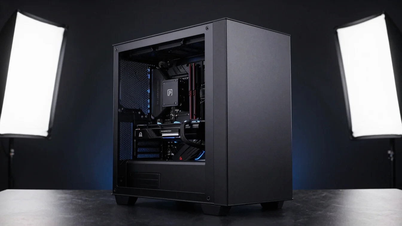 Clean, minimalist desktop PC tower with subtle internal lighting,