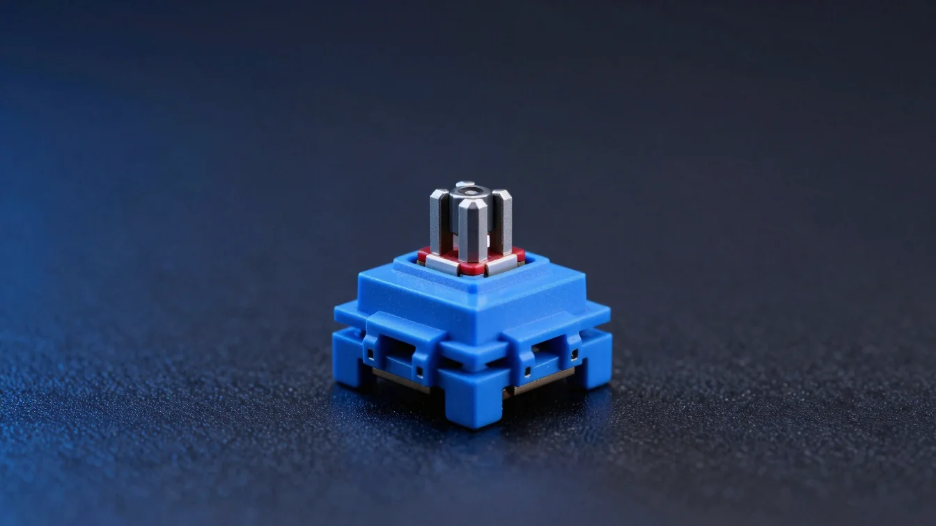 Macro shot of a mechanical keyboard switch stem, dark background,