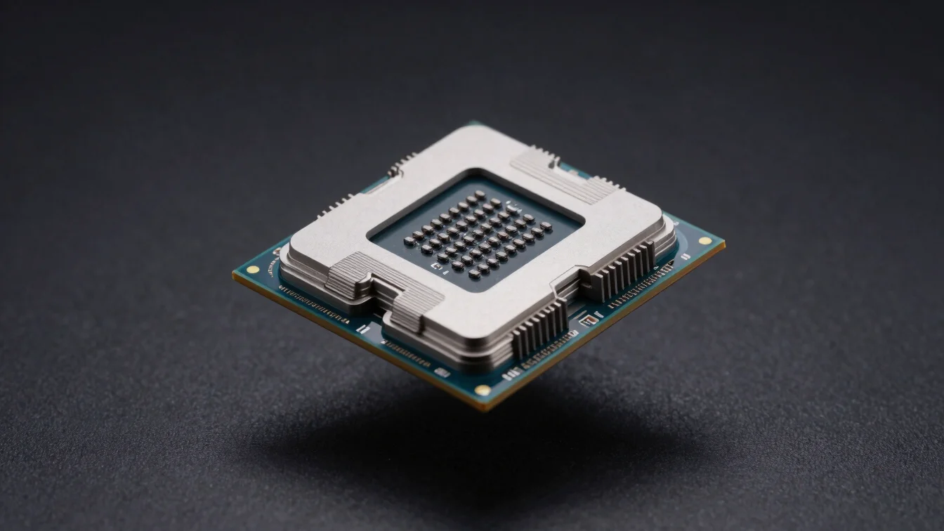 Floating isolated CPU with heat sink, dark matte background, shar