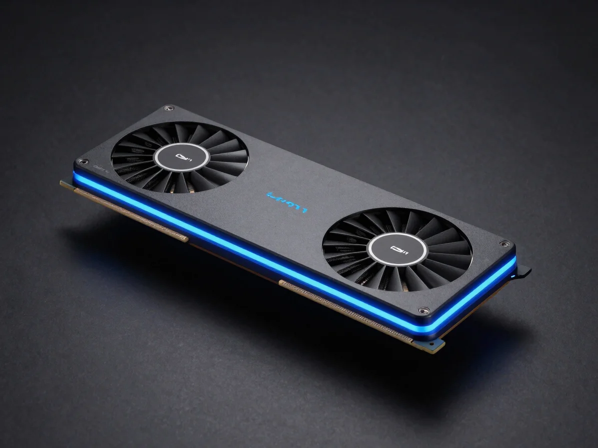 Floating high-performance GPU with cool blue edge lighting against a dark matte background, 3/4 isometric view, studio s