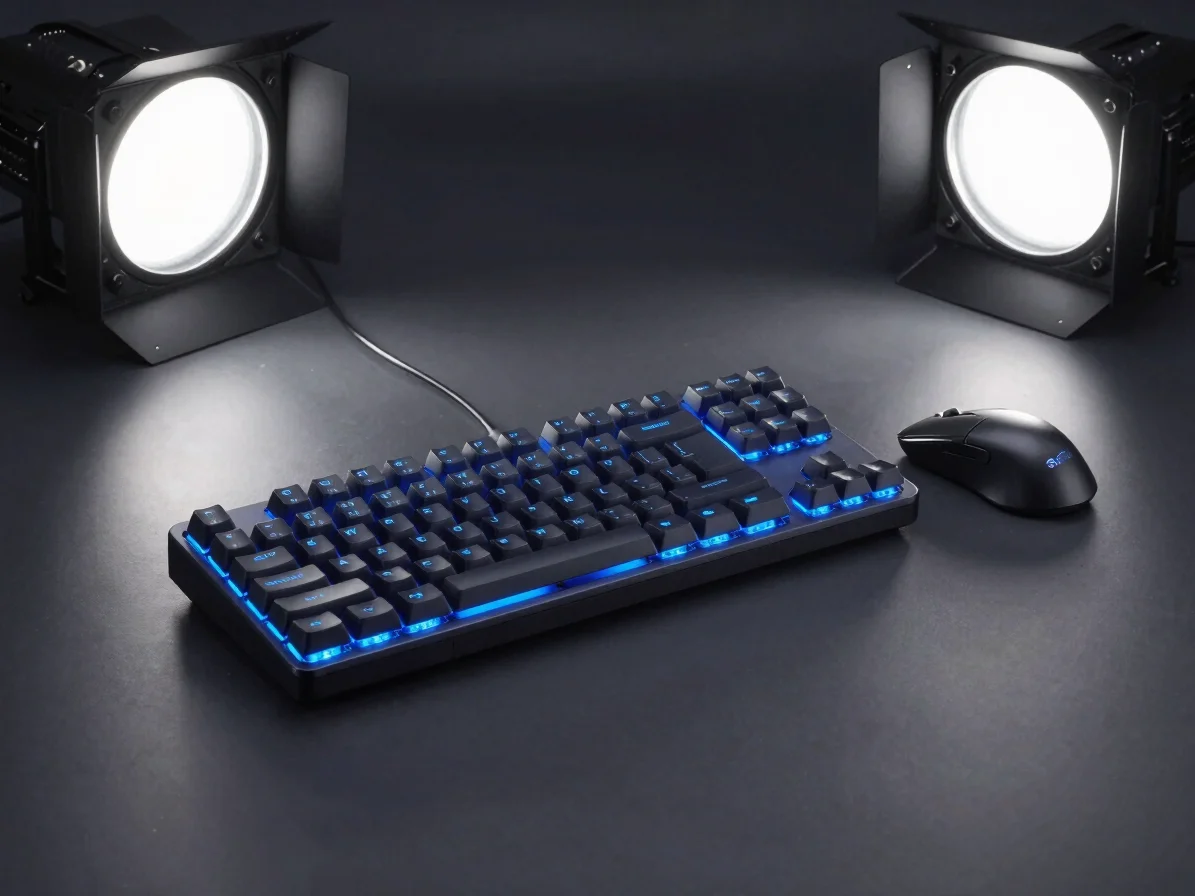 Sleek mechanical keyboard and mouse on a clean desk setup, cool blue rim light, dark matte background, studio strobes.