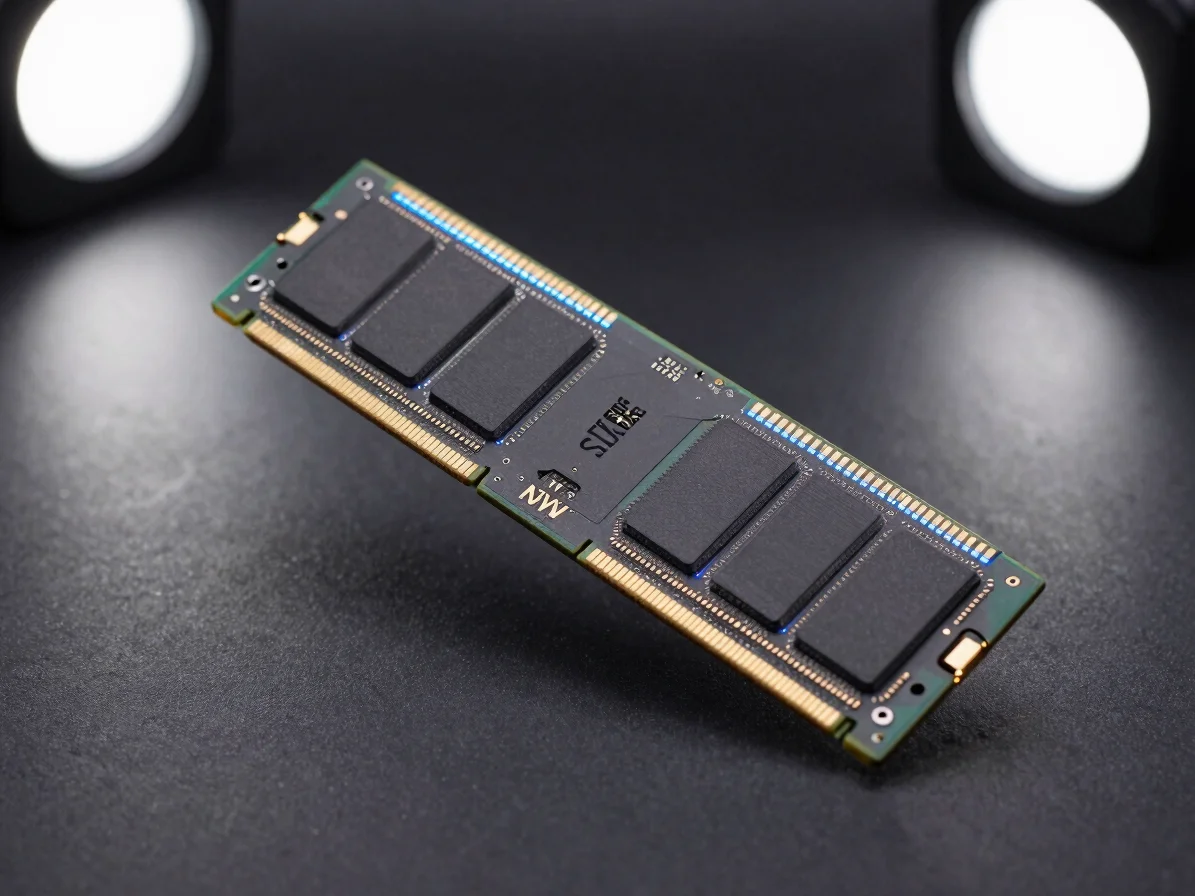 Close-up of floating RAM sticks and an NVMe SSD with cool blue edge lighting, macro detail, dark matte background, studi