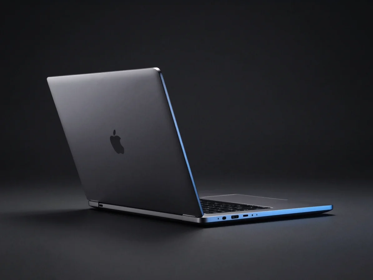 Sleek profile of a high-performance laptop on a dark matte background with cool blue edge lighting, 85mm macro lens, stu