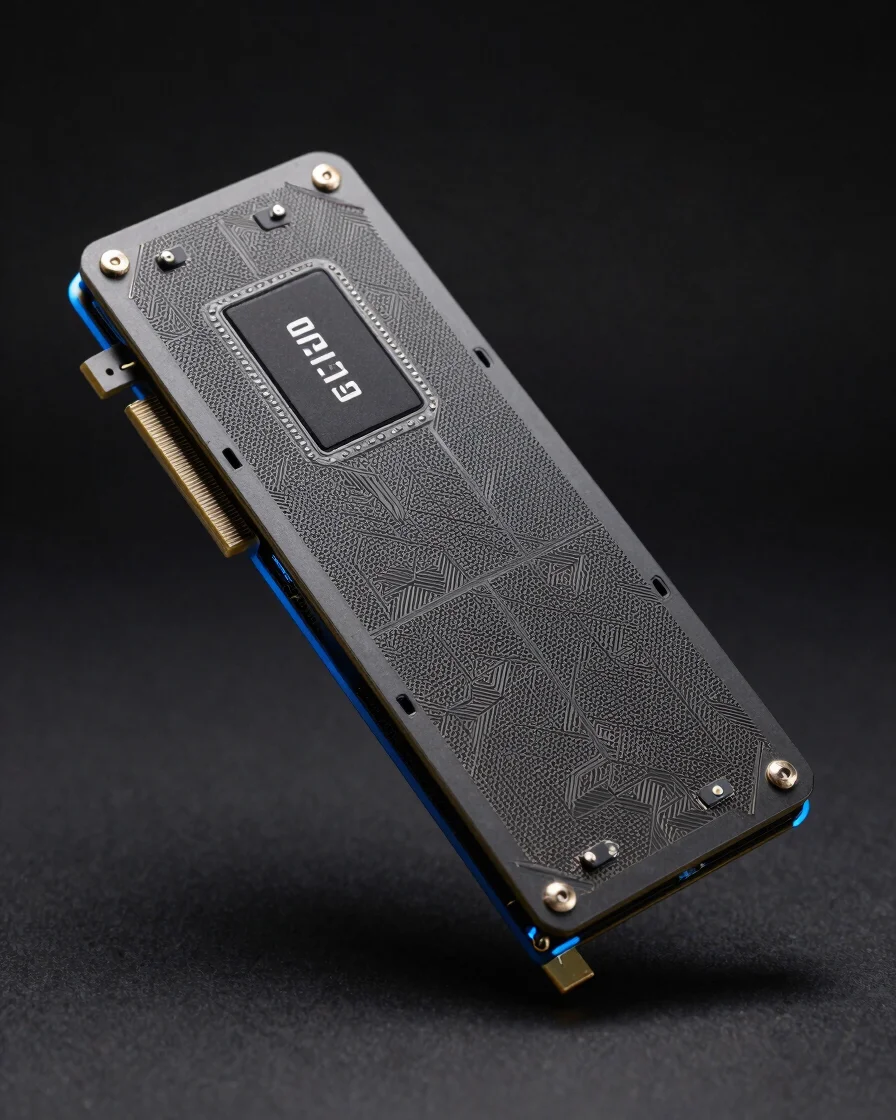 Close-up of a GPU backplate with subtle cool blue rim lighting, floating against a dark matte background, sharp macro de