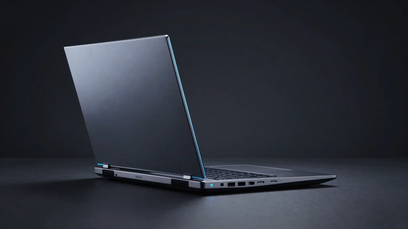 Sleek profile of a high-performance gaming laptop on a dark matte